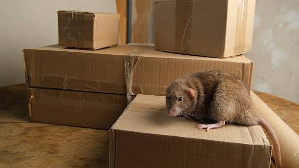 Gray rat on brown corrugated cardboard packaging boxes in a product warehouse