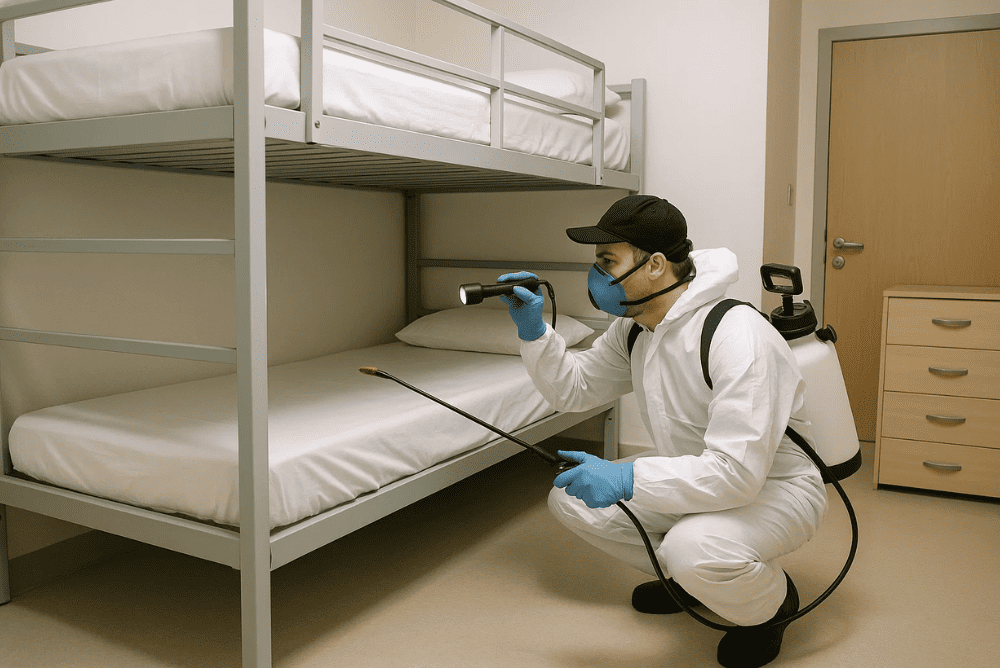 Exterminator checking bunk bed in dormitory room