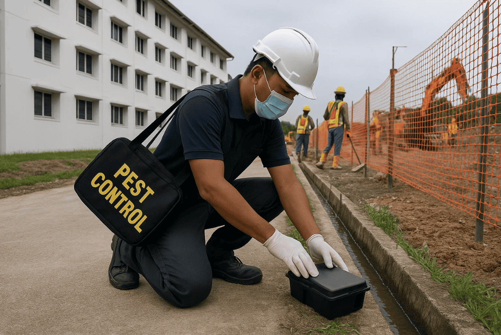 Pest control worker conducting inspection near worker housing
