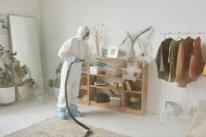Specialist in protective gear fumigating a living room