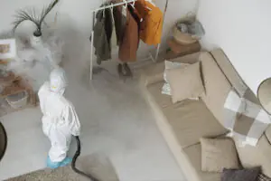 Person in a hazmat suit fogging and disinfecting a modern living room