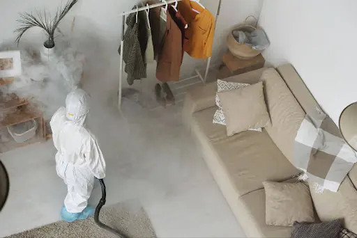 Person in a hazmat suit fogging and disinfecting a modern living room